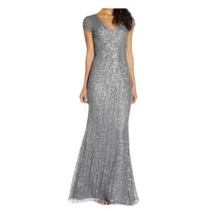 Adrianna Papell Beaded/Sequined Mermaid Gown in Sterling 4 NWT